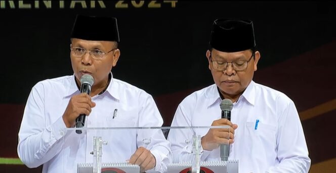 
					Paslon BAHAGIA saat tampil di debat perdana yang digelar salah satu TV swasta di Jakarta, Senin (4/11/2024).