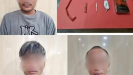 Tiga pemakai narkoba dan barang bukti yang diamankan dari penggerebekan polisi,