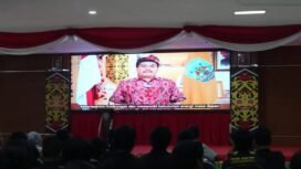 Pjs Gubernur Kaltara, Togap Simangunsong, memberi sambutan di HUT HLN 79, melalui video,