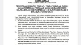 Surat Edaran Nomor 32/000.1.10/SETDA-KESRA/II/2025, tentang Penertiban kegiatan tempat tempat hiburan, rumah makan/restoran pedagang makanan dan minuman selama Bulan Suci Ramadhan 1446 H/2025 M di Kabupaten Nunukan.