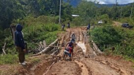 Masyarakat Desa Kurid, Krayan Barat kesulitan melewati jembatan yang lapuk dan amblas akibat banjir,