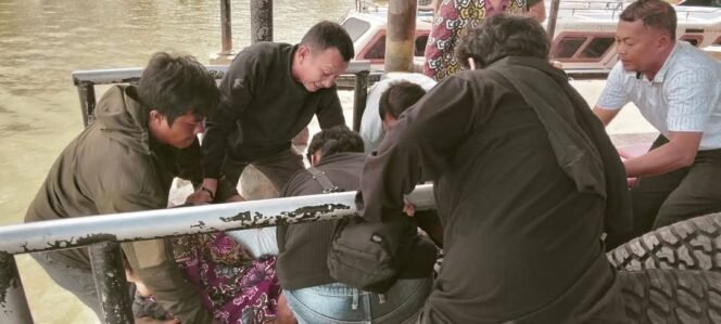 
					Wakil Bupati Nunukan, Hermanus saat membantu mengangkat ibu hamil dari Pembeliangan Sebuku. Ibu tersebut melahirkan anaknya di dalam speed boat di tengah perjalanan menuju RSUD Nunukan.