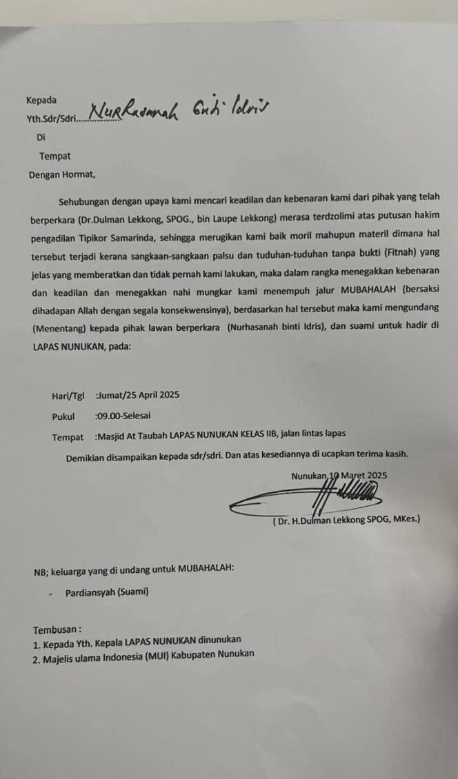 
					Surat tantangan mubahalah yang dilayangkan dr Dulman kepada Nurhasanah, yang tersebar di Medsos.