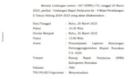 Surat undangan Rapat Paripurna LKPJ Bupati Nunukan 2024 yang ditandatangani Wakil Ketua I DPRD Nunukan, Arpiah. Surat ini sekaligus menepis isu adanya pemalsuan tanda tangan Ketua DPRD Nunukan untuk jalannya sidang paripurna LKPJ tertanggal 26 Maret 2025.