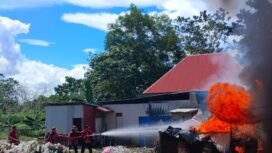 Aksi petugas Damkar Nunukan memadamkan kebakaran kios BBM dan Sembako di Tanjung Cantik, Binusan, Kamis (22/5/2025).
