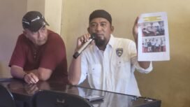 Ketua KONI Nunukan, Samran Nur Alim menggelar jumpa pers menjelaskan lambannya anggaran turun, Sabtu (27/7/2025).