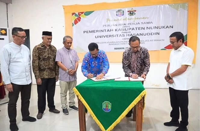 
					Pemerintah Kabupaten Nunukan, Kalimantan Utara, menandatangani kesepakatan bersama (MOU) tentang Penyelenggaraan Pendidikan Jalur Kerjasama Afirmasi Angkatan Tahun 2025 bersama Universitas Hasanuddin (UNHAS). Dok.Prokopim.