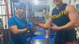 Atlet womens fitness Nunukan, Dorkas Billy Daud bersama pelatihnya, Kurniawan.