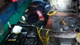 Petugas Damkar, berusaha mengeluarkan ular sanca kembang sepanjang 3,5 meter yang masuk ruang mesin kapal barang di PLBN Sebatik, Senin (29/9/2025). Dok.Disdamkar Nunukan.