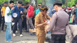 Wabup Nunukan, Hermanus saat demo Aliansi Peduli Demokrasi, di depan Gedung DPRD Nunukan. Hermanus masuk barisan pendemo dan membagikan air minum.
