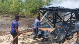 Sebuah rumah kayu milik Samsul Alang, warga Jalan Nelayan, RT 04, Desa Balansiku,Pulau Sebatik, Nunukan, Kalimantan Utara, ludes terbakar pada Kamis (16/10/2025) siang. Dok.Disdamkar Nunukan.