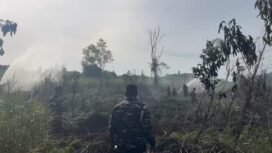 Pasukan LANAL Nunukan diturunkan untuk membantu BPBD memadamkan kebakaran lahan di Mansapa, Selasa (21/10/2025).