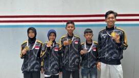 5 Atlet Taekwondo Nunukan yang berhasil membawa pulang 4 medali emas dan 1 medali perunggu dari kejuaraan 5th MBV Invitational Taekwondo Championship 2025 yang digelar di Dewan Sri Putatan, Kinabalu, Sabah, Malaysia, pada 2 – 5 Oktober 2025. Dok.Yosep.