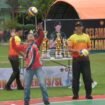 Kadisporapar Nunukan, Abdul Halid memukul bola sebagai penanda dibukanya turnamen Bola Voli Lembuswana Cup 2025 di Makotis Satgas Pamtas RI - Malaysia, Yonkav 13/ SL. Dok.Prokopim.