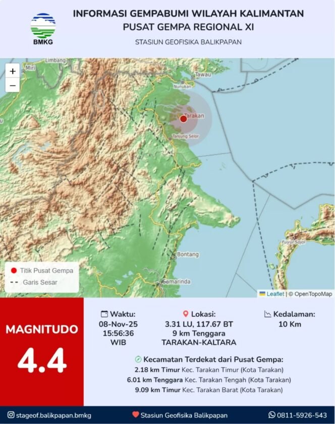 
					Rilis BMKG terkait gempa Magnitudo 4,4 Tarakan, Sabtu (8/11/2025) sekitar pukul 16.56 wita. Dok.BMKG.