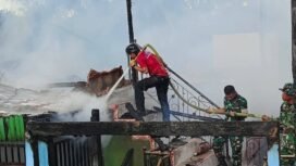 Aksi damkar memadamkan kebakaran dua rumah di simpang 3 Desa Apas, Kecamatan Sebuku, Senin (29/12/2025). Dok.Disdamkar.