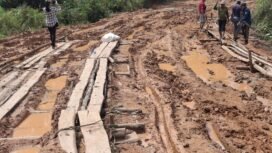Masyarakat Krayan menyusun papan kayu layaknya rel kereta api untuk memastikan kendaraan bisa lewat. Jalanan di Krayan menjelma lumpur setiap musim penghujan. Jalan domain pemerintah pusat ini diharap segera mendapat perhatian khusus Presiden. Dok.Rian Antoni.