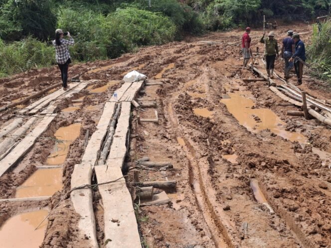 
					Masyarakat Krayan menyusun papan kayu layaknya rel kereta api untuk memastikan kendaraan bisa lewat. Jalanan di Krayan menjelma lumpur setiap musim penghujan. Jalan domain pemerintah pusat ini diharap segera mendapat perhatian khusus Presiden. Dok.Rian Antoni.