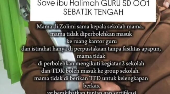 Unggahan medsos yang sedang menjadi sorotan tajam masyarakat Nunukan. Guru SDN 001 Sebatik Tengah diduga mendapat aksi bulying dan penganiayaan oleh kepala sekolahnya. Dok.Andre.