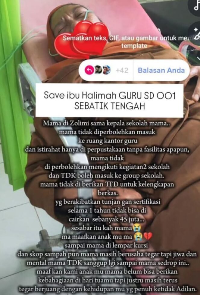 
					Unggahan medsos yang sedang menjadi sorotan tajam masyarakat Nunukan. Guru SDN 001 Sebatik Tengah diduga mendapat aksi bulying dan penganiayaan oleh kepala sekolahnya. Dok.Andre.