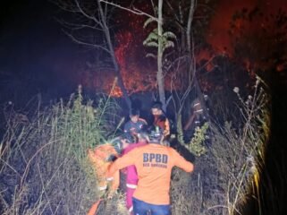 Petugas BPBD berupaya memadamkan kebakaran lahan di Tanjung Cantik, Binusan, Senin (9/3/2026) malam. Dok.BPBD Nunukan.