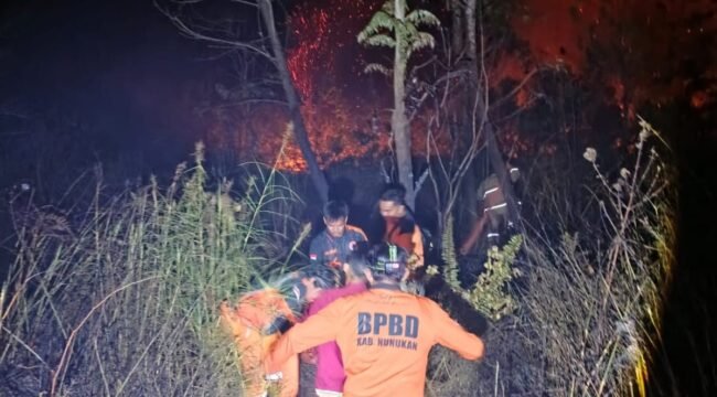 Petugas BPBD berupaya memadamkan kebakaran lahan di Tanjung Cantik, Binusan, Senin (9/3/2026) malam. Dok.BPBD Nunukan.