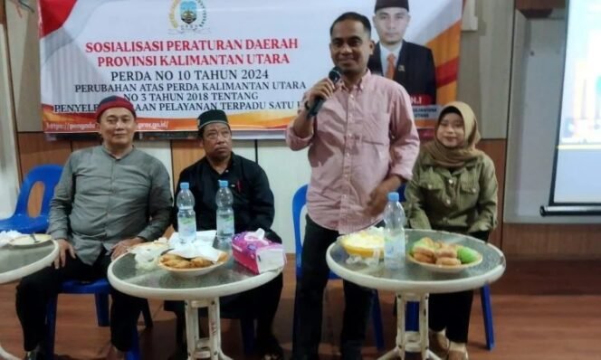 
					Anggota Komisi I DPRD Provinsi Kalimantan Utara (Kaltara), H. La Dullah, melaksanakan Sosialisasi Peraturan Daerah (Sosperda) Peraturan Daerah (Perda) Pemerintah Kaltara Nomor 10 Tahun 2024 tentang Penyelenggaraan Pelayanan Terpadu Satu Pintu (PTSP). Dok.La Dullah.