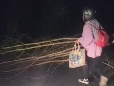 Seorang warga di Pulau Sebatik menyingkirkan ranting pohon yang menghalang jalan. Aksi palang jalan tersebut diduga dilakukan begal. 