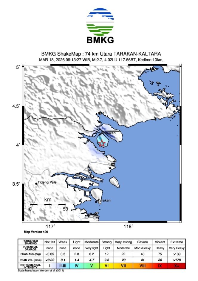 
					Titik lokasi gempa magnitudo 2,7 di Kota Tarakan, Kaltara. Dok.BMKG.