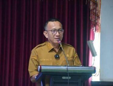 Wabup Nunukan, Hermanus saat memberi sambutan pada workshop bertajuk ‘Refleksi Kerja Kolaborasi dalam Percepatan Pengakuan, Perlindungan dan Pemberdayaan Masyarakat Hukum Adat di Kabupaten Nunukan, Kalimantan Utara’, Senin (6/4/2026). Dok.Prokopim.