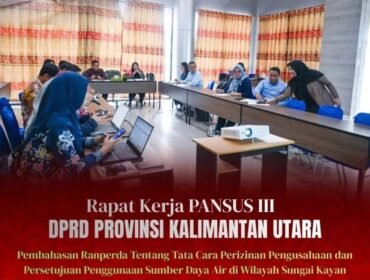 Panitia Khusus (Pansus) III DPRD Kaltara terus mempercepat pembahasan Rancangan Peraturan Daerah (Ranperda) tentang Tata Cara Perizinan Pengusahaan dan Persetujuan Penggunaan Sumber Daya Air di wilayah Sungai Kayan.
Rapat lanjutan tersebut digelar pada Kamis (23/4/26) di Ruang Rapat Badan Penghubung Provinsi Kalimantan Utara Kota Tarakan. Dok.DPRD Kaltara.
