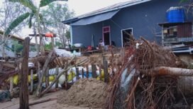 Gambaran kondisi salah satu rumah warga pulau Sebatik yang terdampak abrasi. Mereka selalu menancapkan kayu pagar pembatas dan tumpukan karung berisi pasir sebagai tanggul peredam ombak. Dok.Lisda.