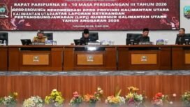 DPRD Provinsi Kalimantan Utara menggelar Rapat Paripurna ke-10 Masa Persidangan III Tahun 2026 dengan agenda penyampaian rekomendasi DPRD terhadap Laporan Keterangan Pertanggungjawaban (LKPj) Gubernur Kalimantan Utara Tahun Anggaran 2025, Senin (11/5/2026). Dok.DPRD Kaltara.