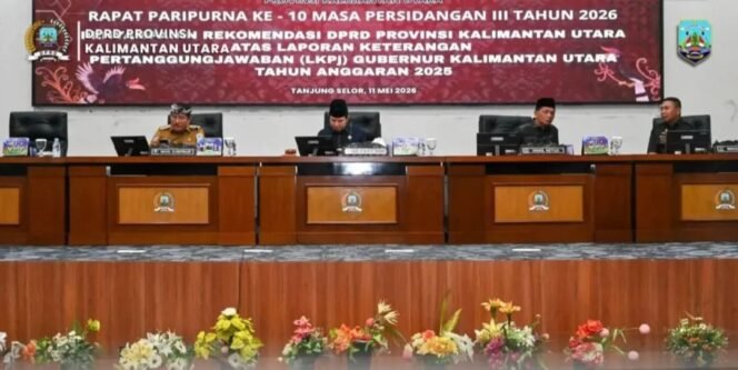 
					DPRD Provinsi Kalimantan Utara menggelar Rapat Paripurna ke-10 Masa Persidangan III Tahun 2026 dengan agenda penyampaian rekomendasi DPRD terhadap Laporan Keterangan Pertanggungjawaban (LKPj) Gubernur Kalimantan Utara Tahun Anggaran 2025, Senin (11/5/2026). Dok.DPRD Kaltara.