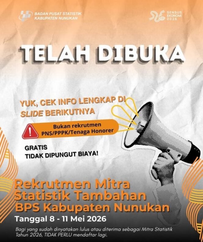 
					Kantor Badan Pusat Statistik (BPS) Kabupaten Nunukan, Kalimantan Utara, membuka rekrutmen untuk mitra statistik tambahan tahun 2026. Dok.BPS Nunukan.