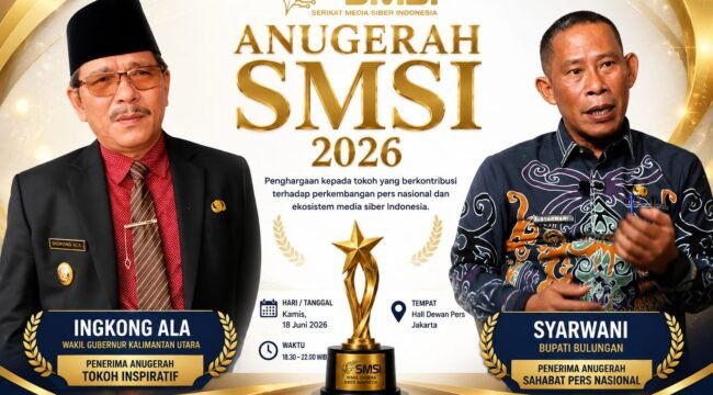 Wakil Gubernur Kaltara, Ingkong Ala dan Bupati Bulungan, Syarwani, menerima penghargaan dari Serikat Media Siber Indonesia (SMSI), Kamis (18/6/2026). Dok.SMSI.