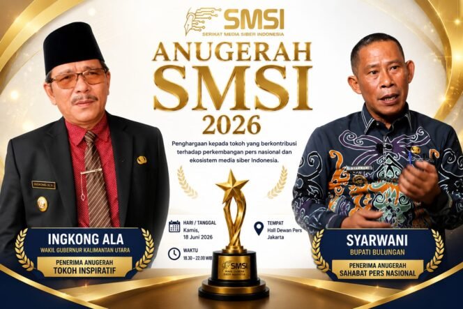 
					Wakil Gubernur Kaltara, Ingkong Ala dan Bupati Bulungan, Syarwani, menerima penghargaan dari Serikat Media Siber Indonesia (SMSI), Kamis (18/6/2026). Dok.SMSI.
