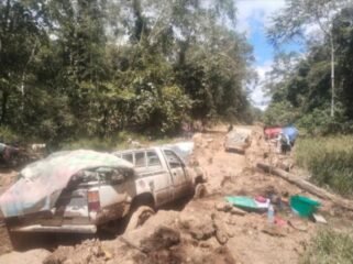 Mobil gardan ganda yang mengangkut kebutuhan warga Krayan. Supir harus terus berjibaku melawan jebakan lumpur. Dok.Oktafianus Ramli.