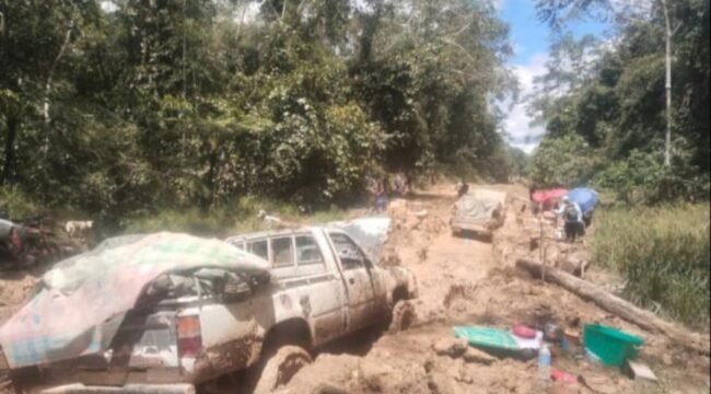 Mobil gardan ganda yang mengangkut kebutuhan warga Krayan. Supir harus terus berjibaku melawan jebakan lumpur. Dok.Oktafianus Ramli.