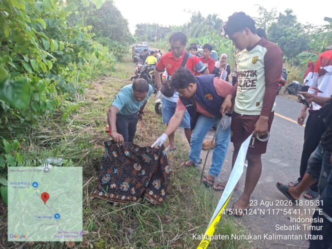 
					Sesosok jasad bayi perempuan ditemukan tewas membusuk di semak semak pinggir jalan, di perbatasan antara Desa Padaidi dengan Desa Sungai Manurung, Pulau Sebatik, Nunukan, Kalimantan Utara, Minggu (23/8/2026) sekitar pukul 17.41 wita. Dok.Polsek Sebatik Timur.