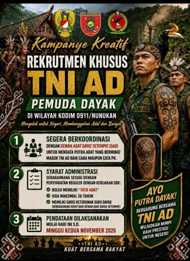 
					Kodim 0911/Nunukan mengumumkan perekrutan khusus Pemuda Dayak sebagai Caba maupun Cata TNI AD. Dok.Kodim 0911/Nunukan.