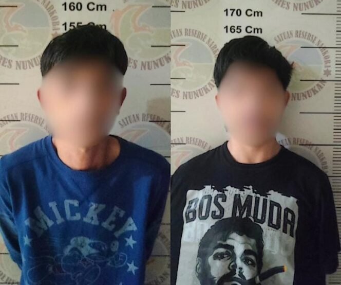 
					IZ dan RF, dua pengedar liquid narkoba yang diamankan Polisi dalam penggerebekan Jumat (9/10/2026) dini hari. Dok.Polres Nunukan.